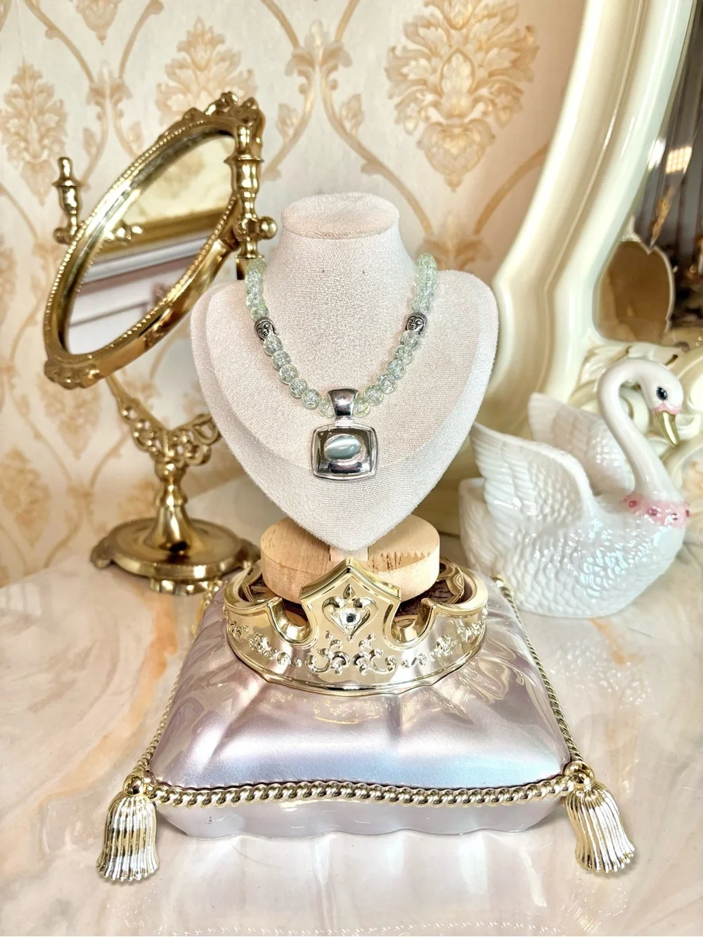 One of a kind sage green Beaded Necklace with Silver Square Pendant/ magnetic